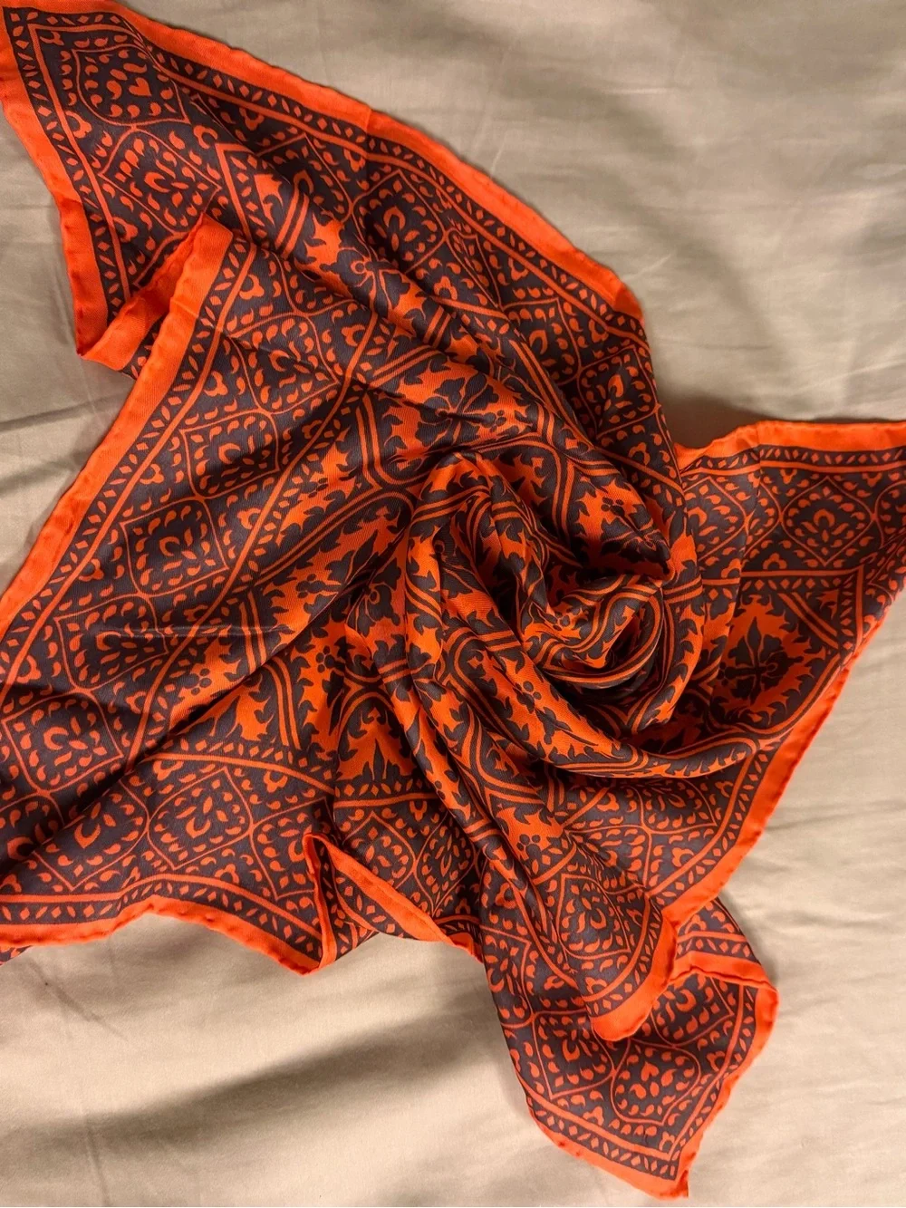 Vintage Baar Beards Japan Silk Scarf 21” Orange Navy Geometric Tile Neckerchief